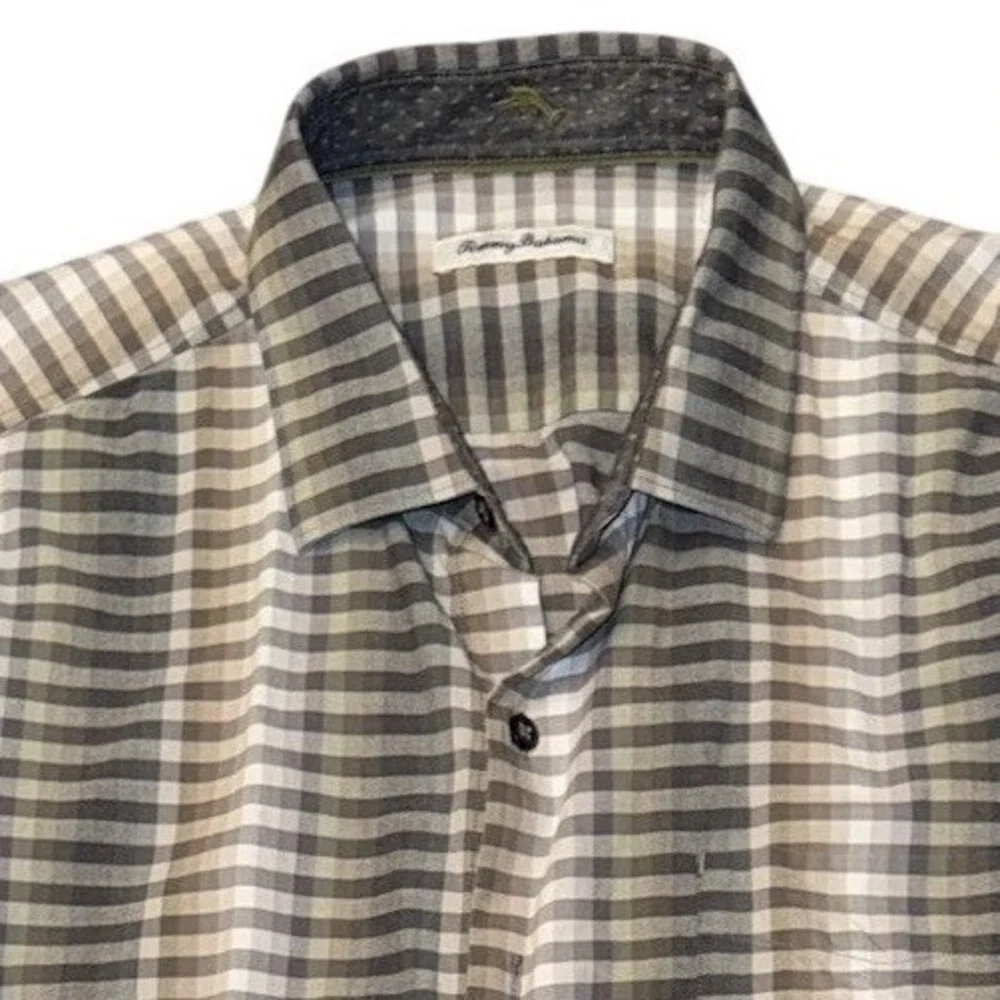Tommy Bahama Mens Green Tan Striped Shirt Size L Date Night Casual Dancing Club